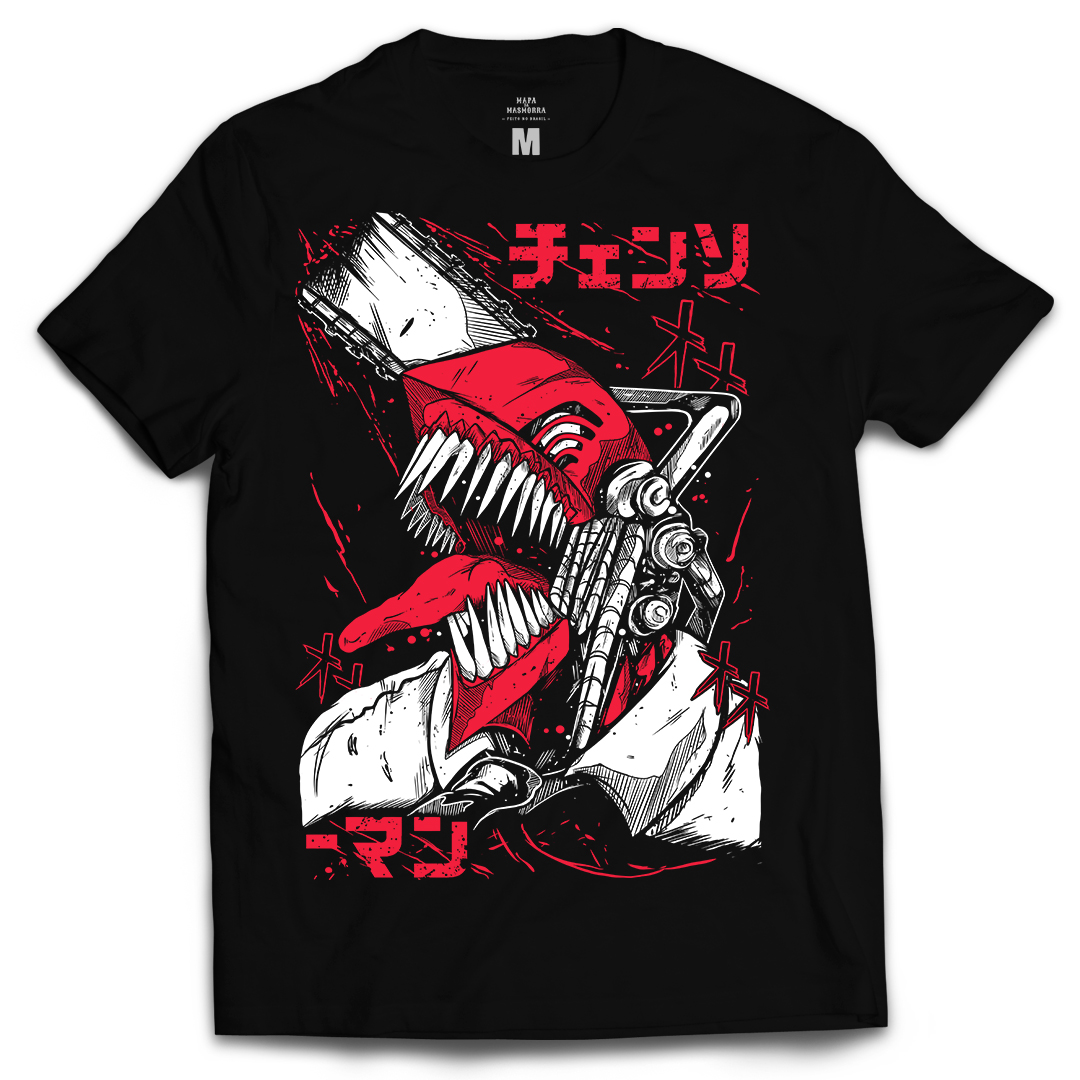 Camiseta Basica Estampada Chainsaw man Motosserra Logo Anime - Preto